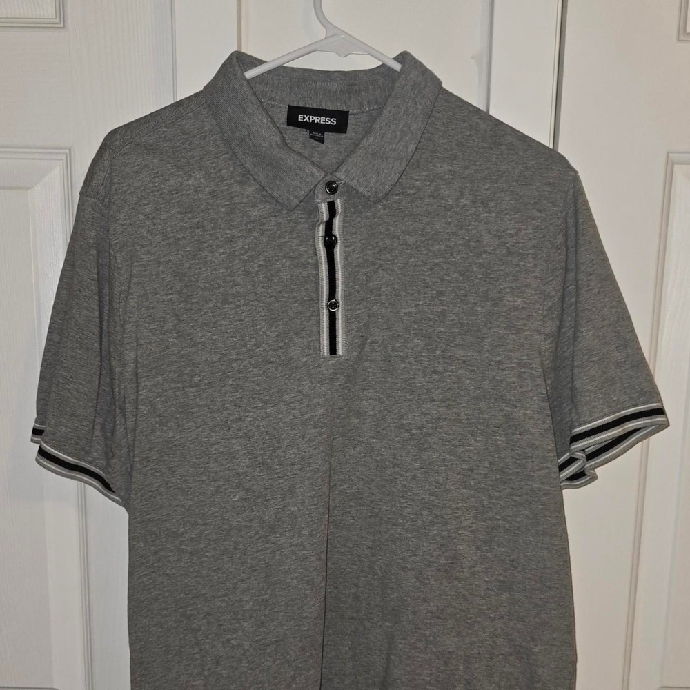 Express Men's Gray Solid Short Sleeve Collared Stretch Polo Shirt Size XL